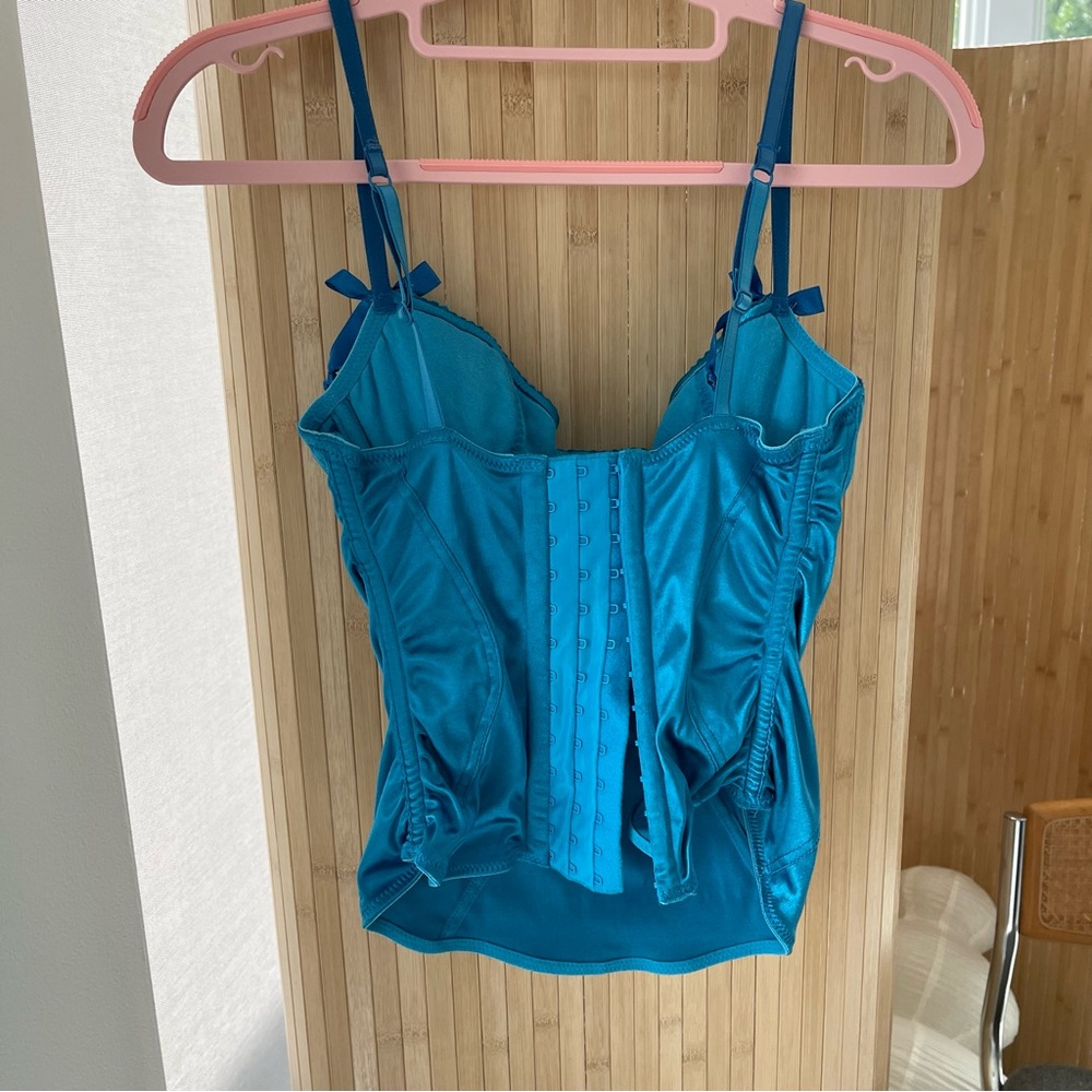 victoria’s secret bustier-shiny satin turquoise aqua blue ruffle lace vintage - Picture 4 of 10